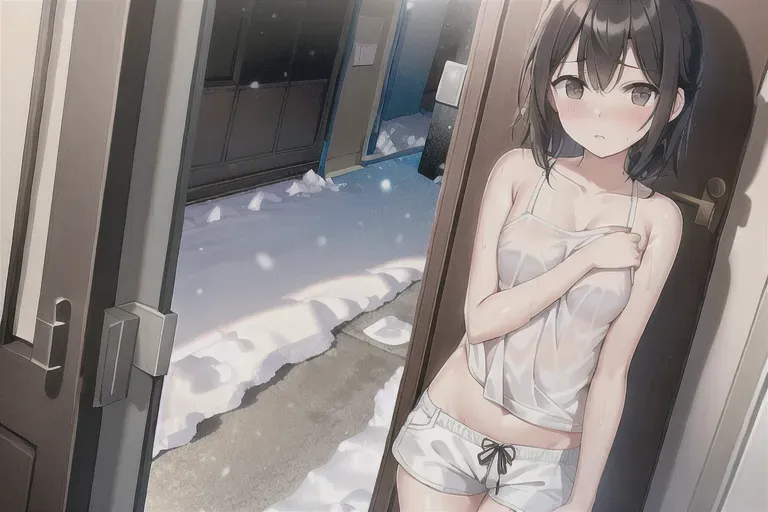 A art of girl knocks on the door and asks to enter the apartment from the street where the snow is falling, wearing small domestic shorts and tank top, naked slim waist, short wet hair, she frozen,hugged herself, shy, confused, night