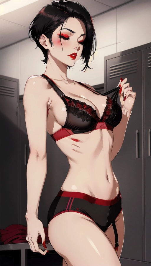 Gorgeous, simple grunge makeup, eyes closed, short black hair, red lips, small breasts, red sports bra, black lace thong, locker room, undressing, facing away