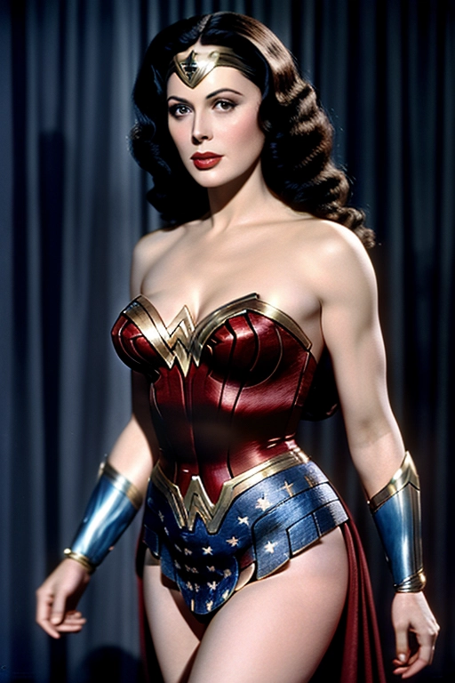 masterpiece, (realistic, photo-realistic:1.37), ultra detailed, ultra detailed skin, professional photograph, Hedy Lamarr playing Wonder Woman in a movie, Technicolor, ((modern Wonder Woman costume))