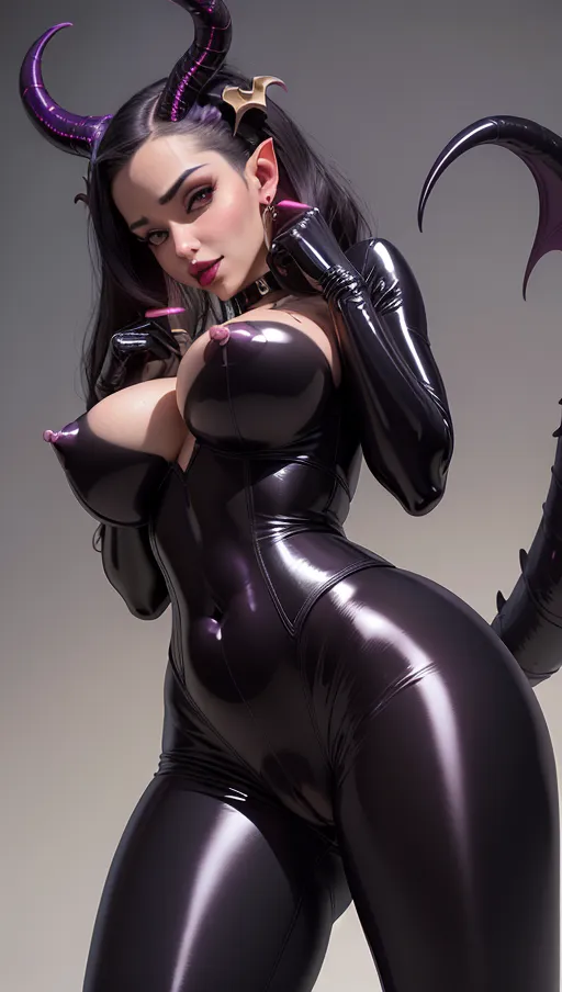 best quality, (((ultra high res))), (detailed face and eyes), hearts, perfect face, heart choker, golden earrings, jewelry, purple glowing heart, (black latex), purple heart necklace, (((succubus))), horns, (huge massive giant tits), ((heart nipple patches)), black hair, long hair, latex gloves, latex Arms, Latex bodysuit, latex chest, Latex decollete, hourglass figure, hourglass body , big hips, small waist, ((((cameltoe vagina)))), (((((big succubus tail))))), lipstick, (((succubus bodymark))), seductive scent, ((gentle touch)), pleasure, orgasm, seductive, charming, tail, snake coiling