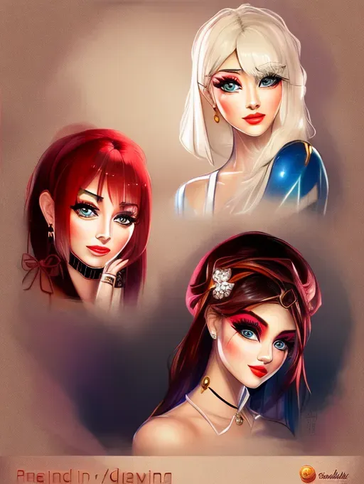 3 stylized girls, they are very good looking, cute, inviting, beautiful bright eyes,