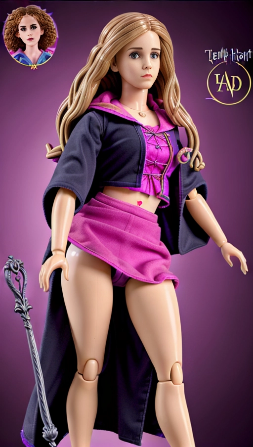 (plastic doll of Hermione Granger), showcasing Emma Watson's likeness, vibrant and colorful hues, detailed character design, magical elements in the background, inspired by the Harry Potter universe,high definition, ultra-detailed,big thighs,big breasts,wide hips,black robe,mouth wide open