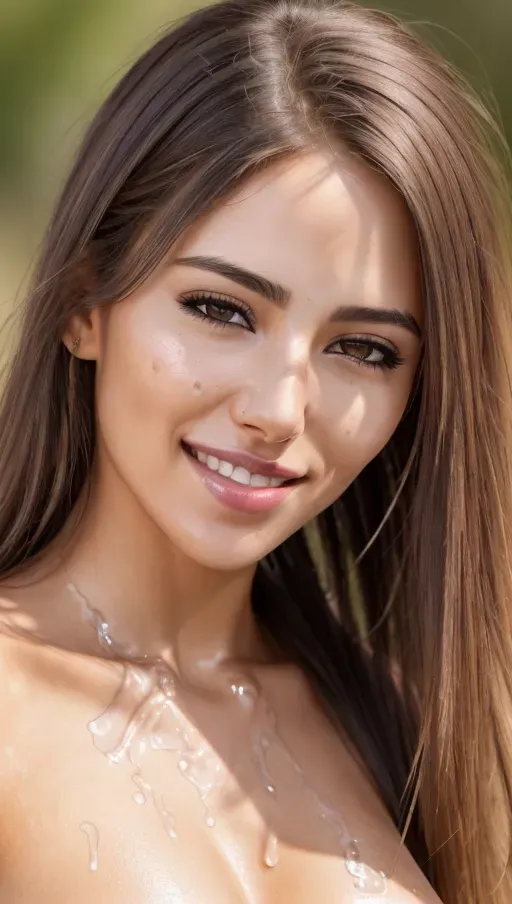 A 8k resolution photo shot of a beautiful woman, very compassionate and friendly, (pretty teeth), ((detailed hair features)),(((detailed facial features))),((detailed body features)),(detailed arms features),(extremely textured skin),((beautiful lips)),((highly detailed)), sunny day, (semen dripping from her mouth)