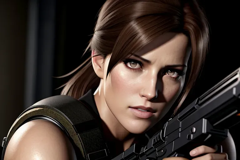 a photo shot of,claire redfield, fightened, in resident evil, in black tactical pants, black military armor, gun holsters, combat boots, five fingers per hand,brown hair, ponytail,bangs,charming face,beautiful lips, deep eyes,curved eyebrows,textured skin,cgsociety,8k,unreal engine,highly detailed,artstation, deviantart, cinematic, sharp image, centered, medium close up, 8k,studio lighting