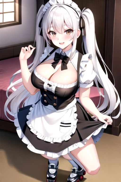8k quality, brown eyes, pale white skin, white hair, giant breasts, cleavage, looking at viewer, pov, long hair, wavy hair, standing in bedroom, black maid uniform, roller skates, miniskirt, pigtails, full body photo, smiling