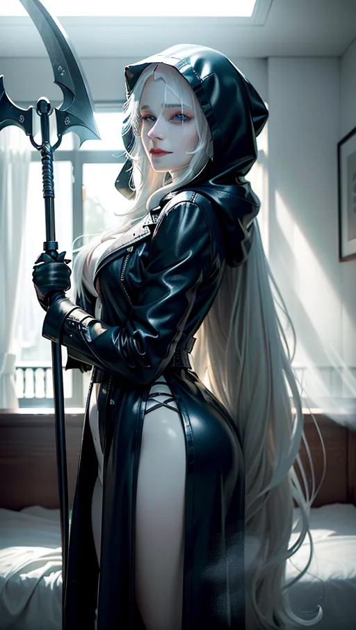 A professional photograph, (1 hot woman Grim Reaper (36) (naked) in a (very long black leather trench coat) is ((holding firmly the grip of a scythe)) next to a dead body in a bed), ((front view)), (hood on her head), she has extremely long (white hair), soft (white skin:1.8), (warm smile:1.4), (softness:1.6), ((close-up face:1.3)), (steam:1.6), perfect breast, beautiful ((big (shiny blue) eyes)), beautiful lips, beautiful face, highly detailed, perfect hands, five fingers per hand, bright sunny day light flowing with (god rays:1.3) from side windows, dead body in a bed, ((dream atmosphere)), cinematic lighting, ((cinematic composition)), 32k, HDR, highest quality, highest resolution, (photorealist:1.72), (photorealism:1.72), (masterpiece:1.18), --s 750 --v 5.2