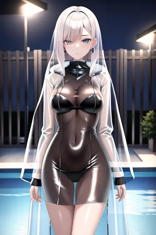 photograph, 20 year old, an e-girl, insanely beautiful, transparent raincoat, black, pool, night, natural light, sad, 8k, professional