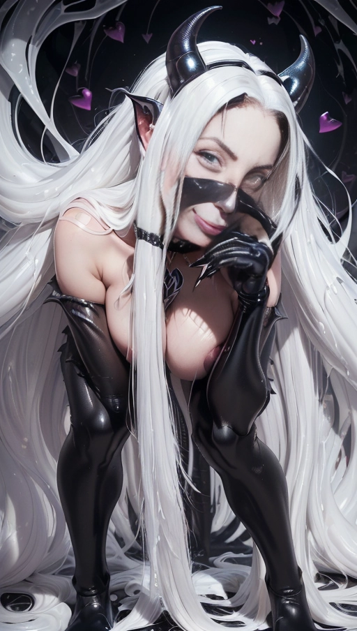 best quality, (((ultra high res))), (detailed face and eyes), (succubus), hearts, ((perfect face)), (necklace), (((big choker))), golden earrings, jewelry, gloves, ((gold)), (((big pink diamond diadem))), (big pink diamond crown), hourglass body, ((handcuffs)), ((((symbiote goo suit)))), ((((symbiote succubus)))), ((big cameltoe)), ((((white hair)))), ((((extremely long hair)))), ((((straight hair)))), ((boots)), (((black legs))), (((black gloves))), (((((very long voluminous hair))))), (((((hair raising succubus))))), ((((raising hair)))), (((((very voluminous hair))))), ((black symbiote hips)), ((black symbiote thighs)), ((perfect eyes)), ((((face closeup)))), (((symbiote leggings))), (((corruption))), ((((white hair everywhere)))), ((huge tits)), ((huge boobs)), (((black heart))), ((((full body covered by symbiote goo)))), (((symbiote goo body))), ((((topless)))), (((heart pasties))), (((single girl))), (((face closeup)))
