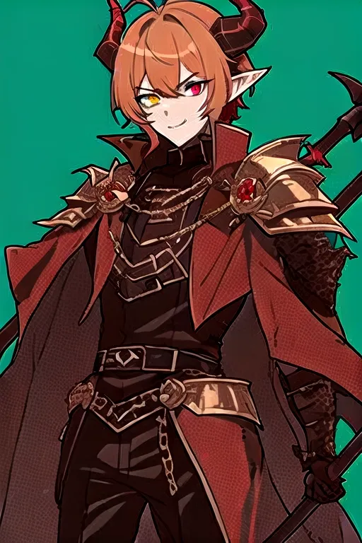 best quality, masterpiece, solo, solo guy male tiefling, bright golden brown
hair, golden brown color hair, curled horns devil, hell armor, holding battleaxe, chrome shiny battleaxe, androgynous haircut, imp demon , dark paladin, chain main shirt, battle axe wielder, warrior, warrior of hell, demon tiefling, hell red power, curled horns, illrigger, armored, 1 male tiefling only, demon, flat chest, posh , leather armor, well groomed, elf ears , jackal imp creature , horns, armored jacket, solo, sharp jagged tail, humanoid, heterochromia, green eye, red eye, determined look in eyes, masterpiece, colorful shirt, short length hairstyle single strand of hair curls on top of head, antenna hairstyle imp demon, ,cute look in eyes, imp demon ,red horns, heterochromia, masterpiece anime style