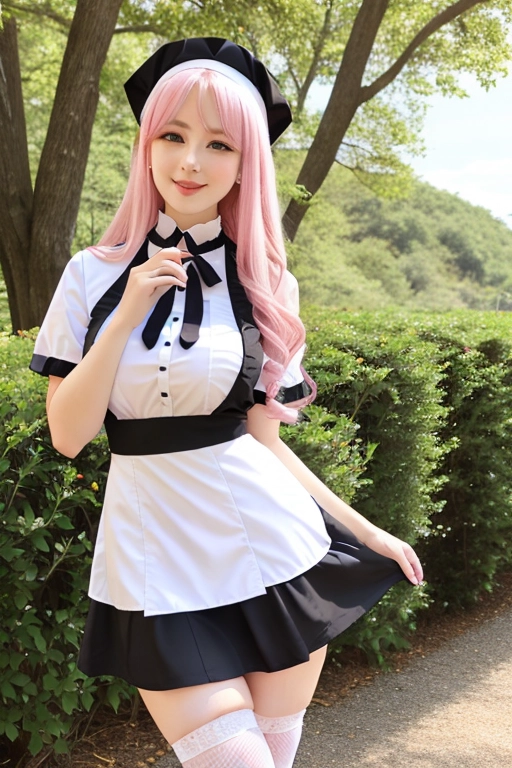 long hair, pale skin, pink hair, blue eyes, black choker, giant H-cup breasts, wavy hair, maid uniform, smiling, full body photo, 28 years old, miniskirt, cleavage, high heels