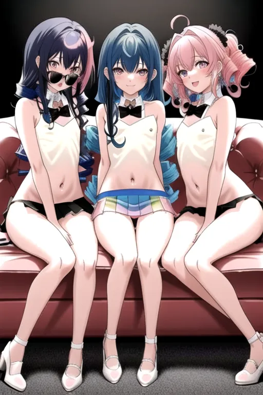 3 anime girls, (((one with short white hair, one with long curly dark blue hair, one with straight pink hair.))) Femboys, they are anorexic, Very skinny body. Skinny. expertly drawn, detailed. NSFW,
They are sitting on a couch and goofing off with each other, they are smiling and laughing, mini skirt, no panties, rainbow color themed.
Heavy brush strokes. Add detail,