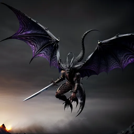 (((A tall handsome (muscular and fit European warrior) with a short trimmed black beard and long black dreadlocks is riding a realistic black dragon with black and purple scales and two wings through the black sky over a burning battlefield)))
(((Background is dark and smoky sky high above the ground)))
((Subject is wearing shiny elaborate black enamel full plate fantasy armor with royal embellishments and purple trim))
Long fantasy sword
angry expression
bloody sword
dragon scales
flying dragon
powerful wings
ominous mood
((Photo realistic))
((Realistic textures))
((Realistic skin texture))
<lora:dpmg_add_detail:1>