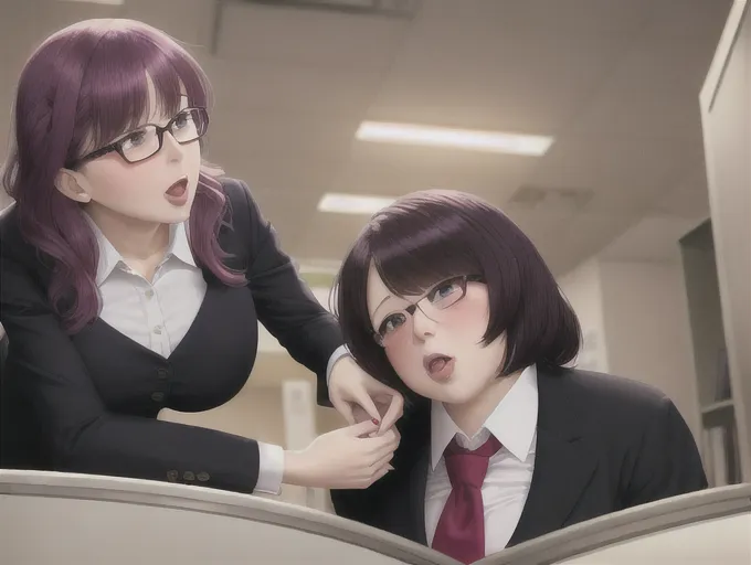 2 people, woman, pruple hair, skinny, secretary, woman, kneeling, blowjob, fat man, office, ugly, man, sex, from below angle, penis, balls,