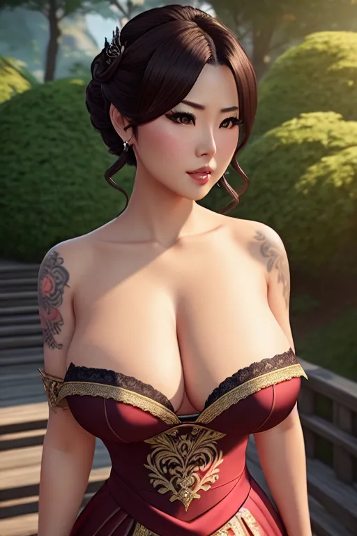 a illustration of,hitomi tanaka,wearing empress dress,standing,outdoor,big breasts,five slender fingers,short hair,gorgeous face,beautiful lips,brown eyes,curved eyebrows,romantic,tattoo,editorial,8k,unreal engine,highly detailed,professional