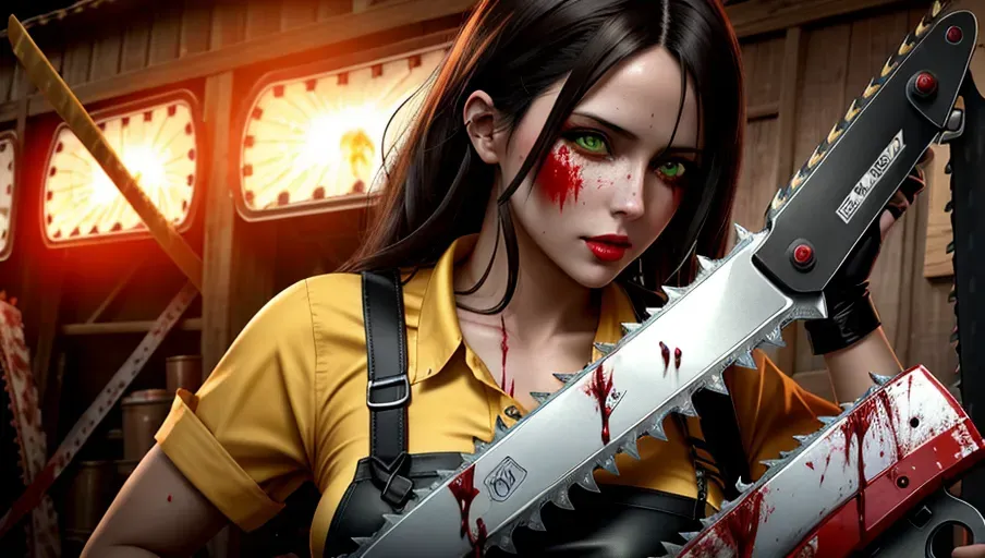 sexy woman, european brunette with green eyes, fertile, sexy , holding bloody chainsaw , chainsaw visible foreground , dressed in a yellow butcher s apron, yandere woman, blood stained face clothes, unreal engine,professional,pixiv,cinematic lighting,highly detailed