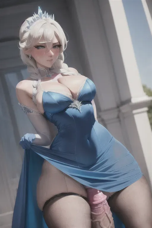 Shemale Elsa with an huge penis and huge testicles, blue dress, big penis under dress, blushing, penis bulging under dress, hands on dress, futanari, shemale,dickgirl, frozen, bulge under clothes, alone, solo, lifting dress with penis, wet, see through, sweating,