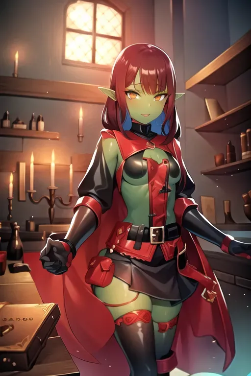 orc girl with green skin, leather armor, black skirt, red hair, small boobs, leather shirt, leather sleeves, black blouse