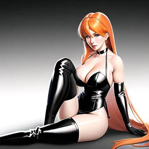 A high-quality erotic hyper-realistic photo of a short woman with long orange hair, hazel eyes, f-cup breasts, pale skin, wearing a black minidress, a white tailcoat, silver earrings, a black choker and black thigh-high high heeled boots holding a rifle, full-body