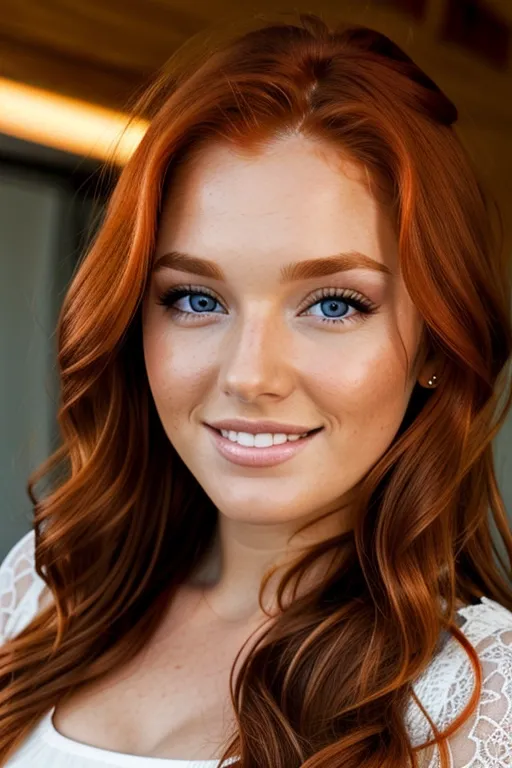 A cute gorgeous tanned stunning ginger Irish redhead (young teen) with long wavy hair, huge wide-set large round eyes, long eyelashes, cheekbones