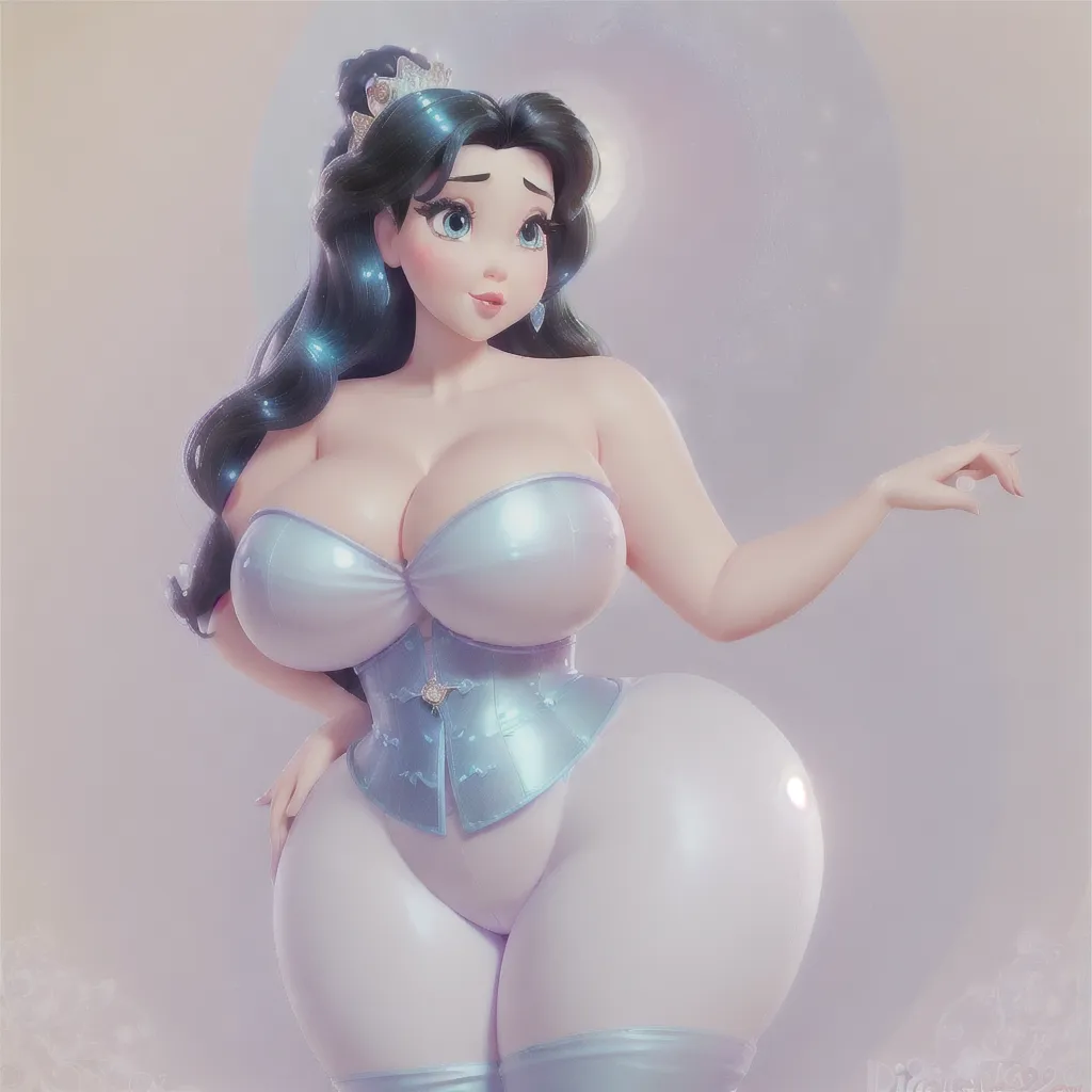Disney Princess, (gorgeous, detailed beautiful eyes, huge bimbo lips), black hair, ((slim waist, wide hips)), huge amazing round ass, crazy hourglass figure, gigantic juicy booty, tight sexy ball gown, digital art, best quality, ultra high resolution