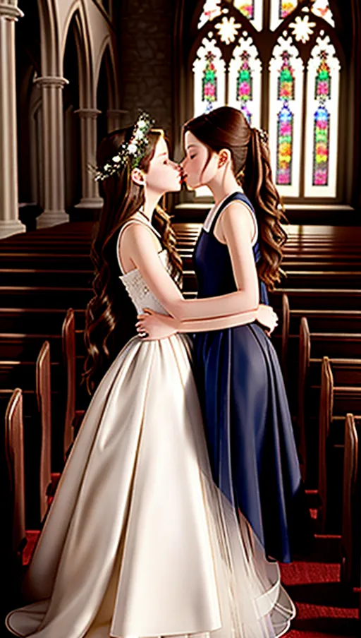 a concept art of, mackenzie foy and michelle trachtenberg kissing in church, wedding dress, ultra realist, 8k, high quality, natural face, natural eyes