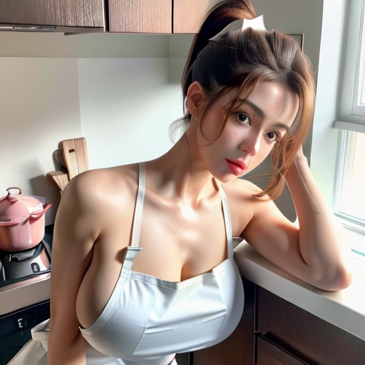 A 8k resolution photo shot of, brunette American housewife with high ponytail, bukkake, excessive cum,kneeling, facial cumshot, surprised look, mouth open, shocked look on her face,((wearing a kitchen apron outfit with her breasts sticking out of the top)),((revealing two boobs out)),((perfectly nipples placement)),((detailed hair features)),((detailed facial features)),((detailed body features)),((detailed arms features)),(textured skin),((beautiful lips)),((highly detailed)),((8k resolution photo shot)),((detailed kitchen background)), german woman,