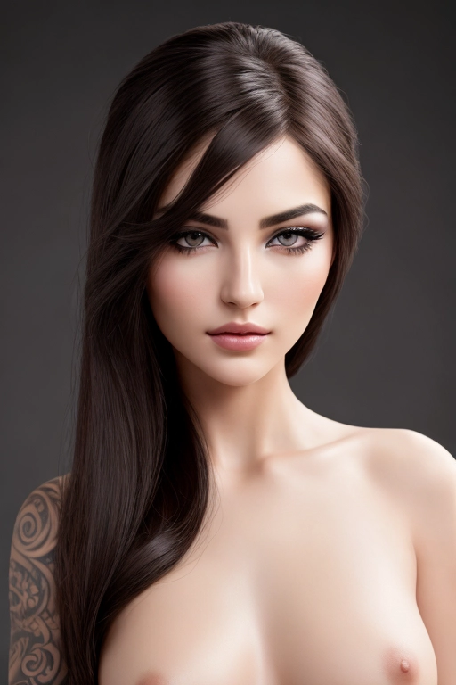 a 8k high detail photo full body shot of, intricate model face, intricate eyes, fixed eyes,five slender fingers ,silky hair ,beautiful face ,beautiful lips,curved eyebrows,curved eyelid,pale skin,satisfaction,tattoo,ultra realistic,smooth,8k,studio lighting,surreal