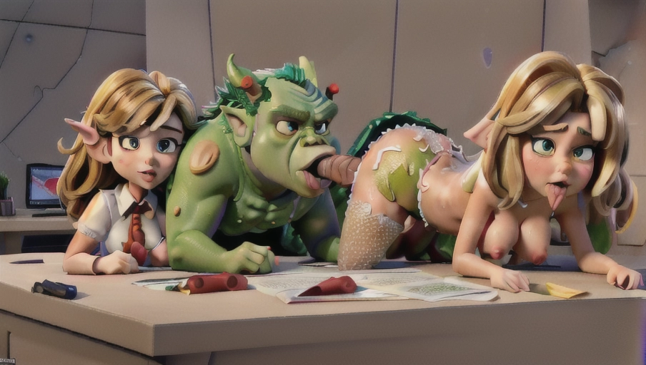 Masterpiece, best quality, (An 8k shot of angry slutty elf news reporter reporting the news while fucked by giant orc monster on live television inside a news studio) , massive tits, perfect face, detailed facial features, , big ass, big horsecocks, all cocks are massive and very long, ((slutty latex outfit with white blouse and short red skirt)), (news studio) ,giant orc monster fucks slutty elf news reporter, detailed newsroom background, ultra realism, beautiful lips, dpmg_face_cum_v1, ((size difference)), massive orc monster with giant horsecock fuck slutty elf news reporter, pregnant, dpmg_side_deepthroat_v1, drooling, nipple piercings, dpmg_threesome_v1, <lora:all_fours:.8>, dpmg_pov_blowjob_v1, (news studio backdrop), fucked on live television, Sitting at news anchor desk, Live recording, (red lipstick),(<lora:dpmg_fucked_from_behind:.8>), <lora:bukkake:1>, Blue Screen Background, News report, all males are orc monsters, Cameras,