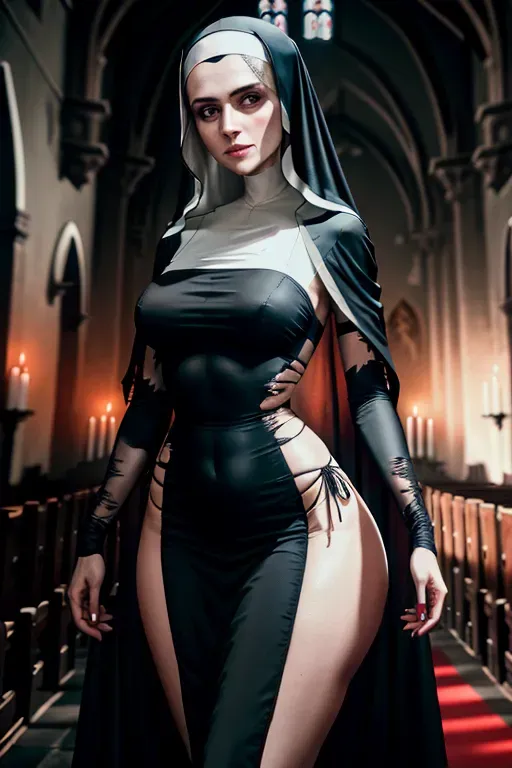 nun in her early 20s in a dark church wearing a torn up black gown, tight body, (thin waist)