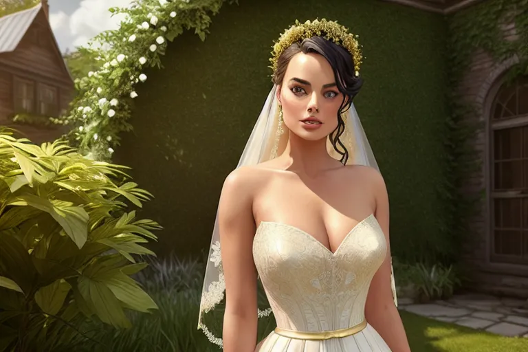 a digital art of,margot robbie,wearing wedding dress,standing,in the garden,small breasts,five fingers per hand,wavy curtain bang,beautiful face,beautiful lips,black eyes,curved eyebrows,textured skin,cosy,wearing golden ring,highly detailed,pixiv,editorial,unreal engine,professional