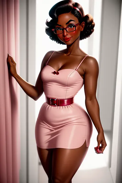 1950s Housewife, milf, in her 30s, petite, small breasts, thin waist, petite thighs, thick ass, filthy un-wiped anus, small feet, standing, bottomless, throbbing pussy, aroused clit, dark skin african race, medium hair, thick eyebrows, wide brown eyes, glasses, small nose, strong cheek bones, soft cheeks, red full lips, in pleasure, pink dress, pink panties, submissive, shy, weak, holding a Bible, 1950s, high definition, great lighting, 4k quality.