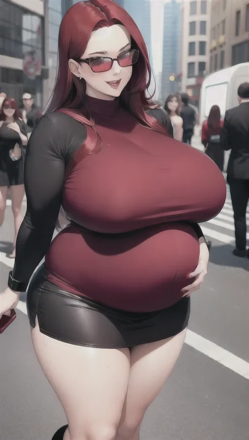 Dark red hair, sexy glasses,Sexy women ,big boobs,pregnant gigantic belly,fat belly and fat boobs,weight gain, gigantic fat belly,fat belly ,huge pumped up belly, black mini skirt, black high heels boots,sex,nude boobs, in a city, people mass, <lora:dpmg_pov_Big_fat_belly:1>,