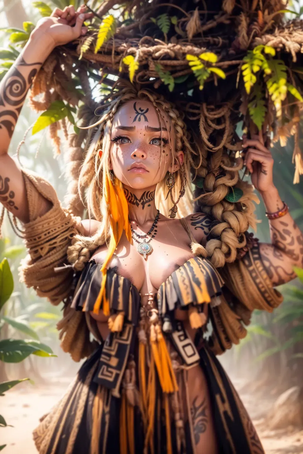 8k digital photo of, tribal girl hunter standing in nude, full body shot, scraps of clothing exposes both breasts, clothing torn to expose vagina, looking at viewer, 1girl, breasts, vagina,2 nipples, braid, (huge ahoge:1.3), cute face, freckles, angry, closed mouth, frown, standing, torn clothes, piercings, jewelry, necklace, tattoos, finely detailed background, amazingly intricate jungle background, incredibly absurdres, best quality, colourful