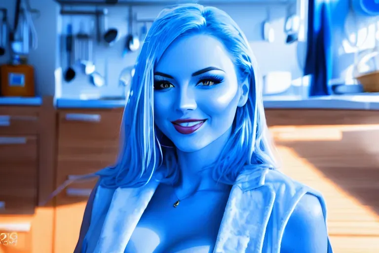 photograph, 20 year old, a pornstar girl, slim, naked, blue, kitchen, daytime, studio light, happy, 8k, professional