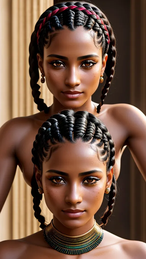 Beautiful egyptian servant, black hair, braided hair, looking at viewer, direct eyecontact, smiling gently, textured skin, inside ancient palace, hyperrealistic, (masterpiece 1.4), best quality, ultra hd photo, sharp focus, detailed facial features, detailed bright eyes, detailed anatomy, photorealistic, <lora:dpmg_pov_from_below:1>