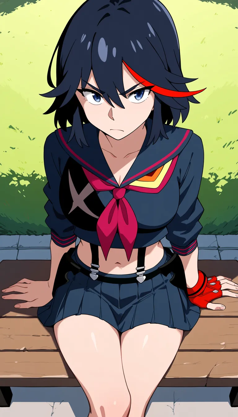 masterpiece, best quality, safe, 1girl, matoi ryuuko, kill la kill, blue hair, multicolored hair, blue shirt, blue skirt, serafuku, red neckerchief, midriff, red gloves, outdoors, bench, sitting, looking at viewer
