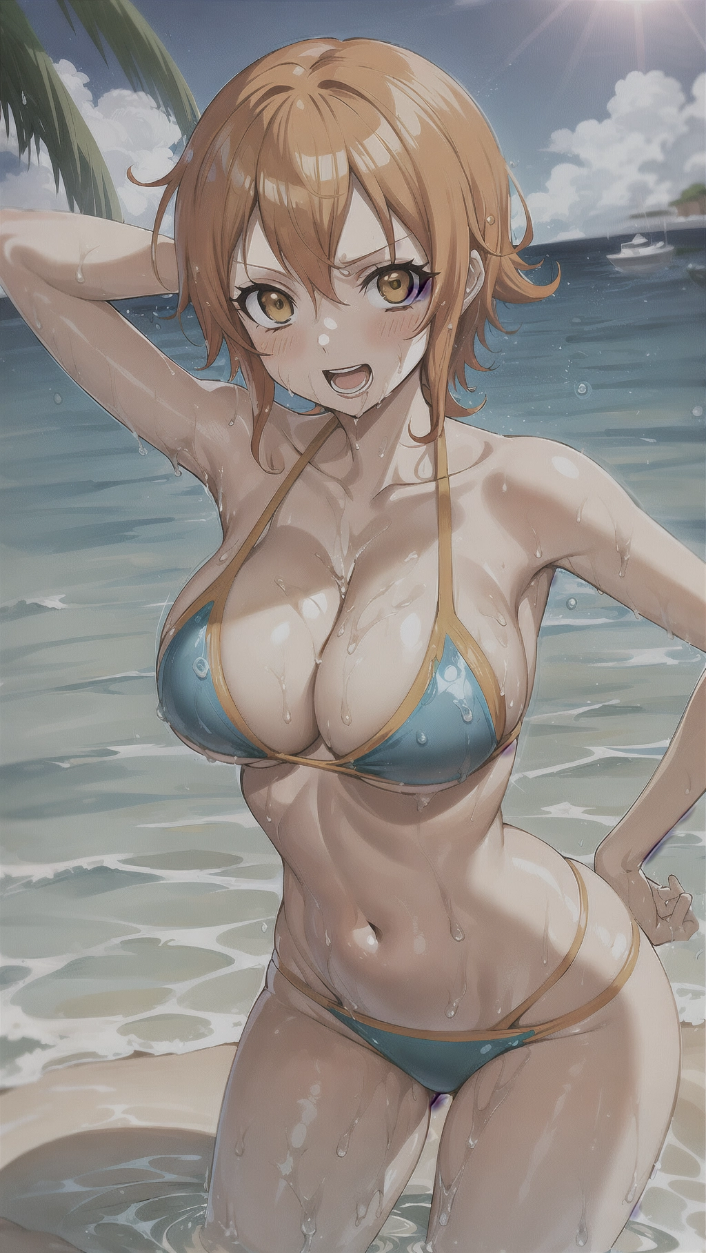 Nami from one piece, medium boobs, orange hair, wet, sexy pose, bikini, fit body