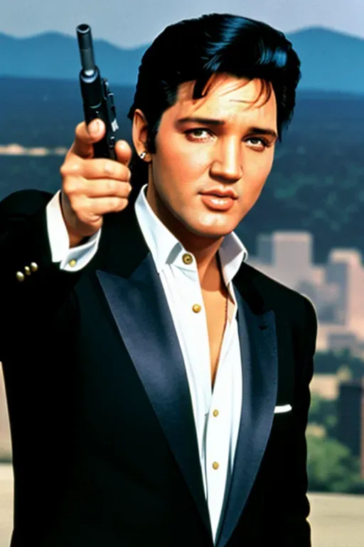 A high resolution medium photograph of, Elvis Presley, wearing a suit, as secret agent James Bond, Agent Elvis, pointing a gun, with a steampunk city in the background, looking at the camera
