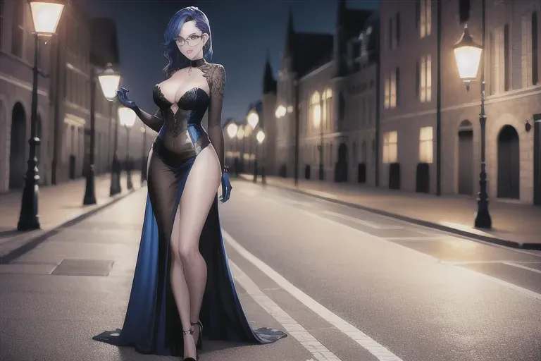 digital art, 20 year old, a gorgeous gothic girl, slim, naked, blue, university, day time, street lights, happy, 8k, professional