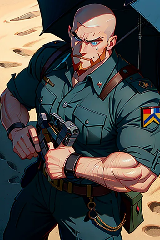 Disney animation, Soldier, commando, French Foreign Legion, Sargent rank, strong, tough, showing muscle for his woman, shaved head, pale skin, angry eyebrows, handsome blue eyes, small nose, strong cheeks, full ginger beard, strong chin, french military field uniform, French military barret, tactical, standing aiming a realistic AR15 rifle, battle, high definition, 4k quality, excellent lighting, great shading, pristine detail, very clear picture, vibrant colors, accurate at lower promp guidence, ultra realistic, five fingers per hand.