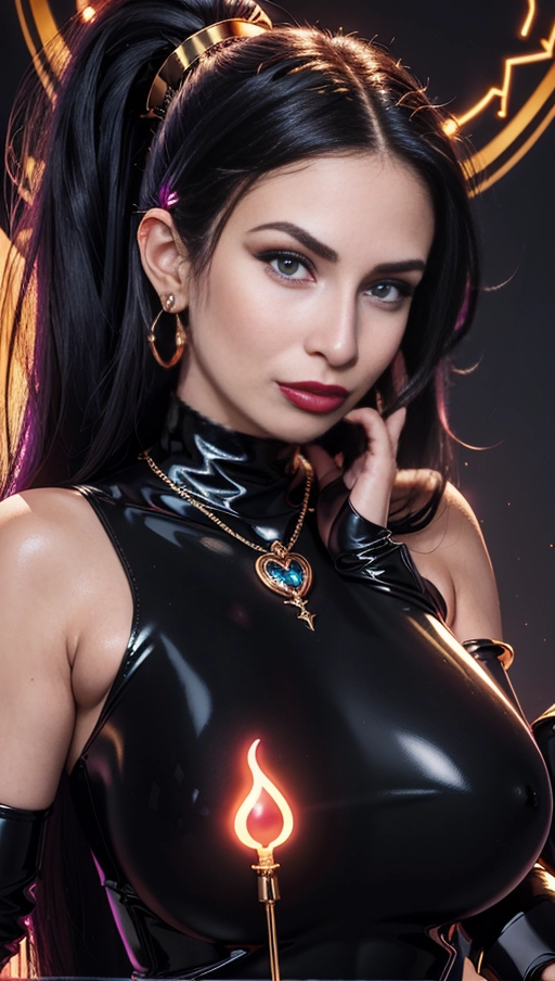best quality, (((ultra high res))), (((detailed face and eyes))), (perfect face), big shining heart choker, earrings, jewelry, (((big glowing succubus mark))), ((((big glowing succubus bodymark)))), (((conjuring))), (witch), ((long voluminous hair)), (((black gloves))), ((black hair)), straight hair, (((golden bracelet))), ((single ponytail)), (((huge hair cuff))), ((skintight dress)), ((face closeup)), purple, (lipstick), ((((neckholder top)))), (((skintight)))