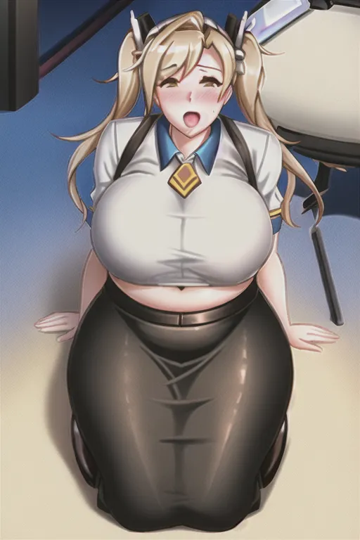 2 people, mercy, woman, overwatch, kneeling, blowjob, fat man, office, fat belly, ugly, man, sex,