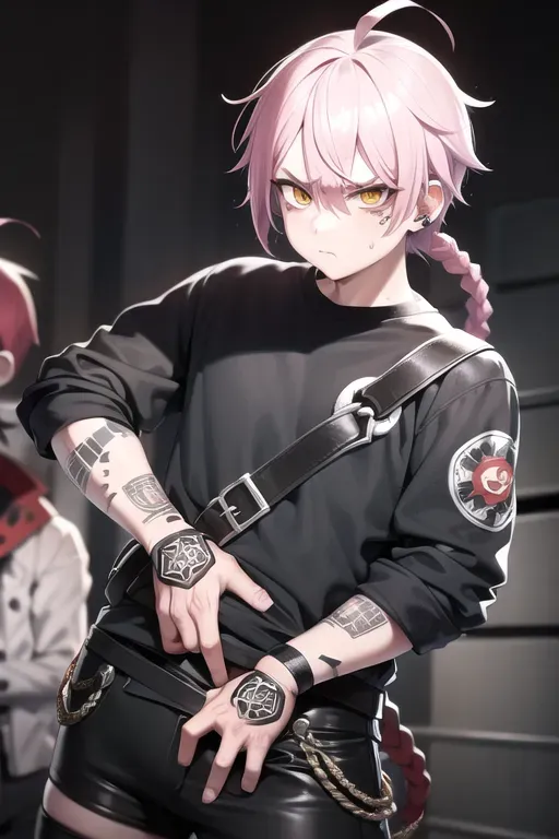 delinquent street punk in emo style clothes standing in refinery holding up the middle finger, looking at viewer, 1boy, braid, (huge ahoge:1.3), angry, closed mouth, frown, standing, torn clothes, piercings, jewelry, tattoos, finely detailed background, amazingly intricate background, incredibly absurdres, best quality, <lora:dpmg_middle_finger:1>