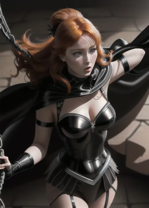 Sweet bright cheerful beautiful elegant auburn haired in a low hanging bun large wide sparkling round sapphire eyed Queen Anna of Arendelle based on Elizabeth Lail in black sexy leather and satin attire with a full length cape its raised large hood obscuring her features in deep shadows as she lashes out with a woven leather whip against the back of a prisoner chained-up in a dark dungeon.
horror