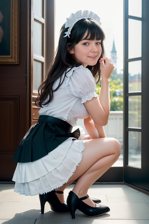portrait photography of a crouching Scandinavian dark haired brunette with bangs, ((view from side a bit from below)), bangs, wearing black french maid outfit with micro skirt, , in an ornate living room, beautiful, cute smile, perfect bright white teeth, blue eyes, perfect body, cleavage, highly detailed skin, Marlou, professional photography, (8k, RAW photo, best quality, masterpiece), photo-realistic, highly detailed, professional lighting, sharp focus, intricate details, realistic, gorgeous, teasing, bokeh, too cute to be true, close-up, sharp focus on subject, shot by Don McCullin, nsfw, soft lighting, ,<lora:microskirt_v0.2:1>, ((crouching)), ((rubbing the floor)), on all fours, ((skirt up)), ((lifting her maid mini skirt a bit up and teasing)), <lora:4AVLR4y3byB_age_phr2:-0.5>, , (((vivid colors))), (((hyperrealistic))), ((bokeh)), ((sharp)), (((ultrasharp))), ((camera focus on person)), window behind her, ((no underwear)), , bright lighting, natural lighting, ((view from side a bit from front)), both feet on floor, crouching, skirt up,
