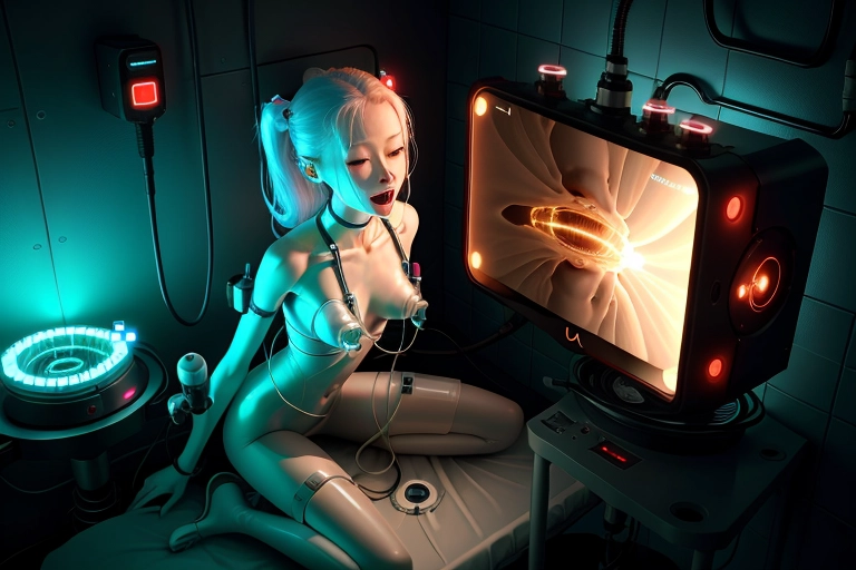 realistic. UHD. 3D. photo. cute, naked, slender, skinny, beautiful, ((delighted, tickled, surprised)), albino Eva Yi restrained in ((gyno-apparatus restraints)), in a dark alien spaceship medical sex exam lab chamber. her anus is videoed with the probe-drone-camera, (((anus video monitor background))). Dune film style. she receives mind-control induced ticklish-orgasm treatment. enema pump. nsfw. she receives Tesla-coil electro-shock induced ticklish ((ecstatic orgasm spasm treatment)). ((urethral catheter tube)). ((very dark ambient yellow lighting)). ((nipple milking suction tubes breast pump)). close up.