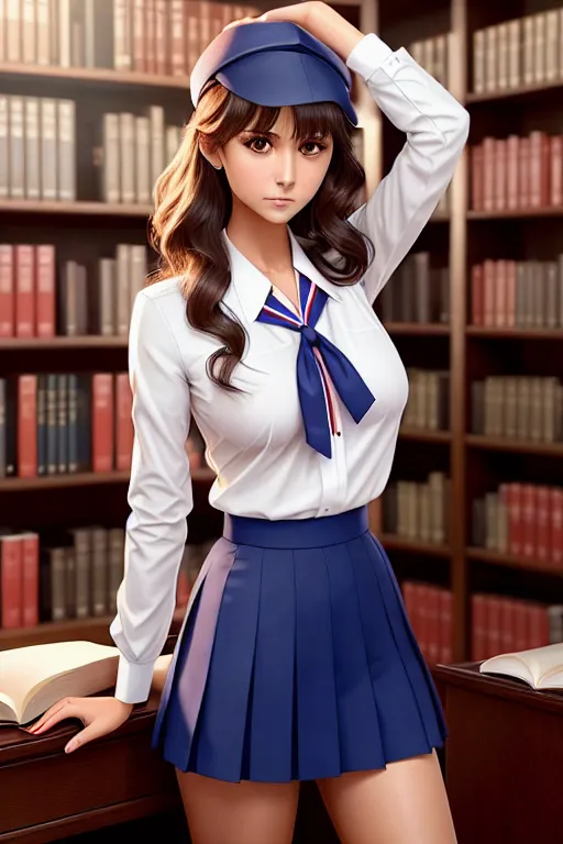 a illustration of,nina dobrev,wearing japanese high school uniform,touching breasts,at the library,big breasts,five slender fingers,wavy curtain bang,gorgeous face,beautiful lips,blue eyes,curved eyebrows,peaceful,wearing golden ring,cgsociety,ultra realistic,sharp focus,surreal,highly detailed