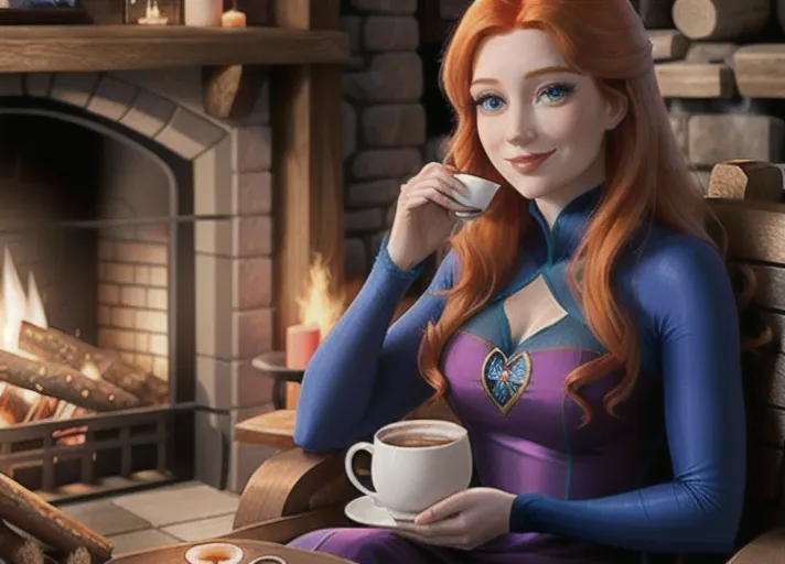 Beautiful sapphire eyed auburn haired Queen Anna of Arendelle enjoying a large mug of hot chocolate with marshmallows with a sweet warm smile and sitting by the fire in a ski lodge.