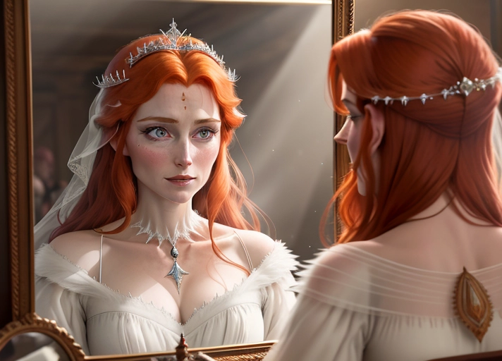 in the dead of night, good sweet Beautiful auburn hair flowing freely, large deep eyes, Queen Anna of Arendelle dressed in a white nightgown, admires the fresh fang marks upon her neck in the mirror. Photorealistic.