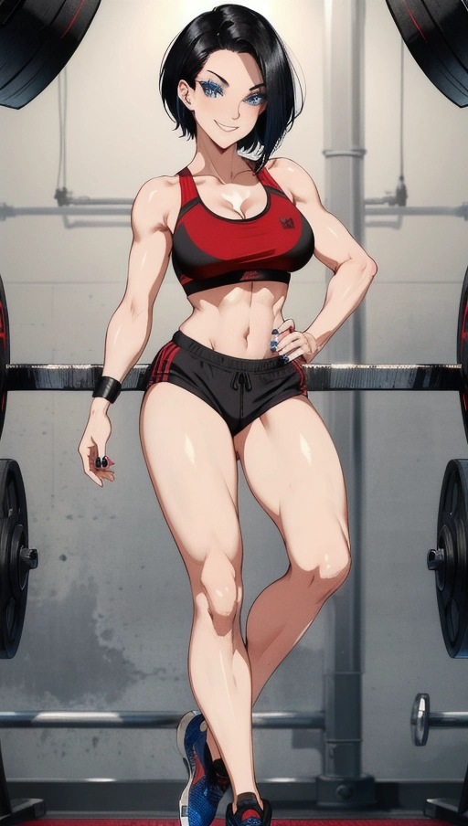 Gorgeous, simple grunge makeup, short black hair, blue eyes, small breasts, red sports bra, spandex, smiling, gym, hand on hips, full body